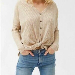Urban Outfitters Waffle Knit Front Button up Long Sleeve in “Khaki”